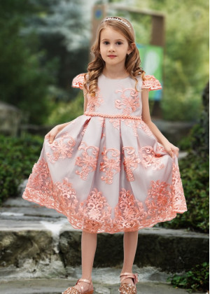 Rose Pink Lace Gray Satin Keyhole Back Elegant Flower Girl Dress